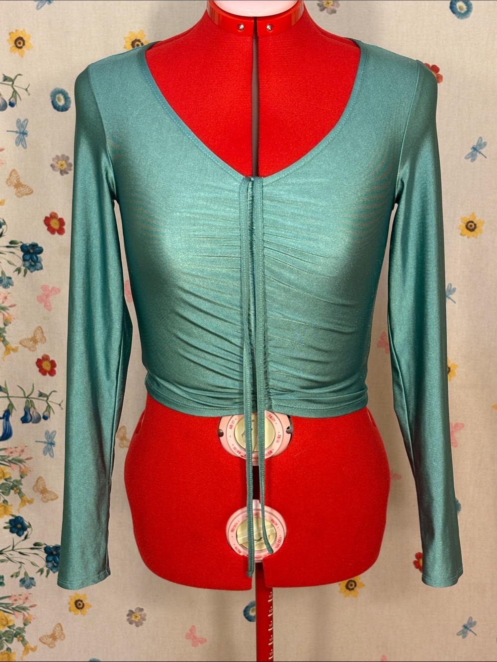 West of Melrose - Spandex Ruched Teal Long Sleeve Crop Top with Center Tie Disco